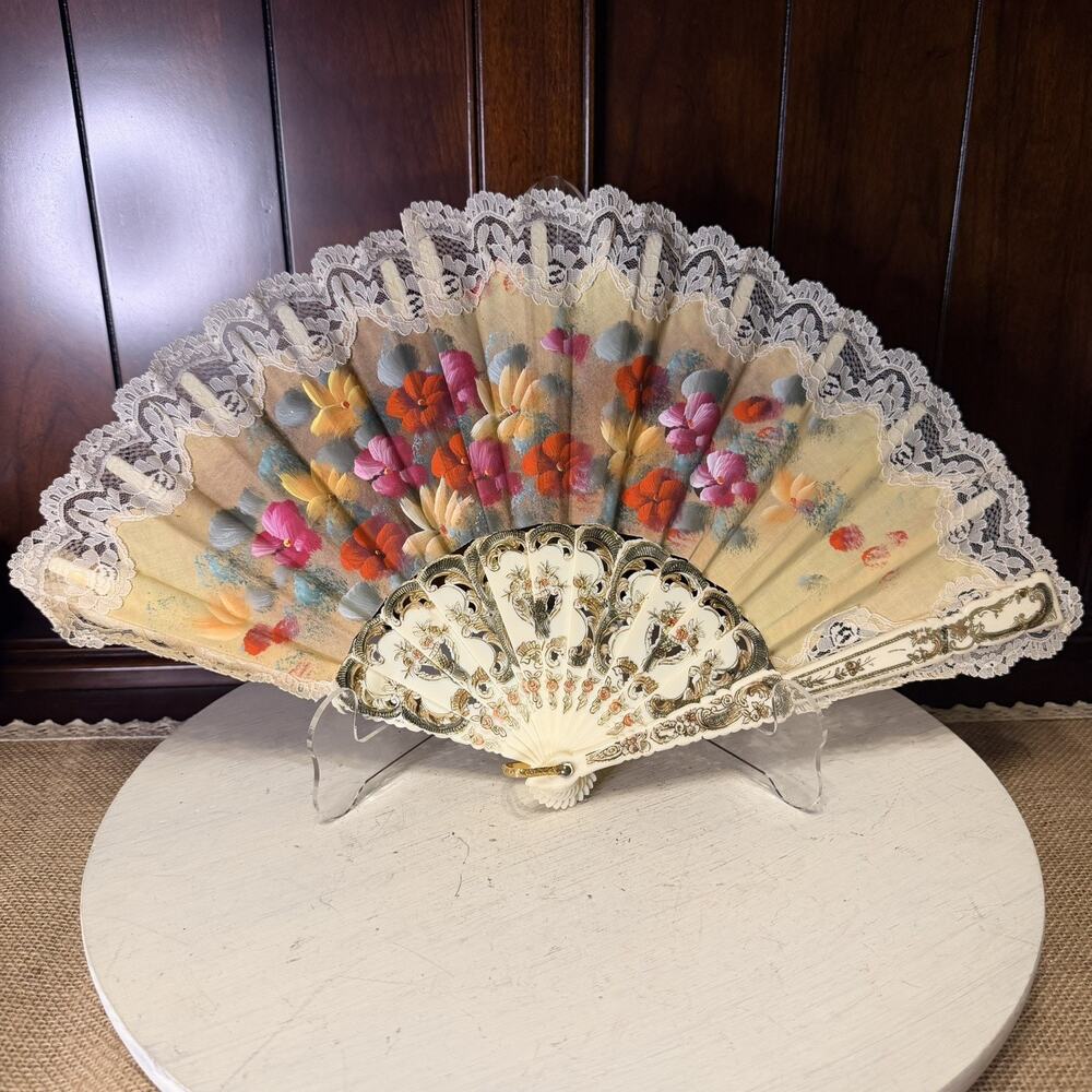 Vintage Decorative Folding Hand Fan With Hand Painted Flowers On Lace